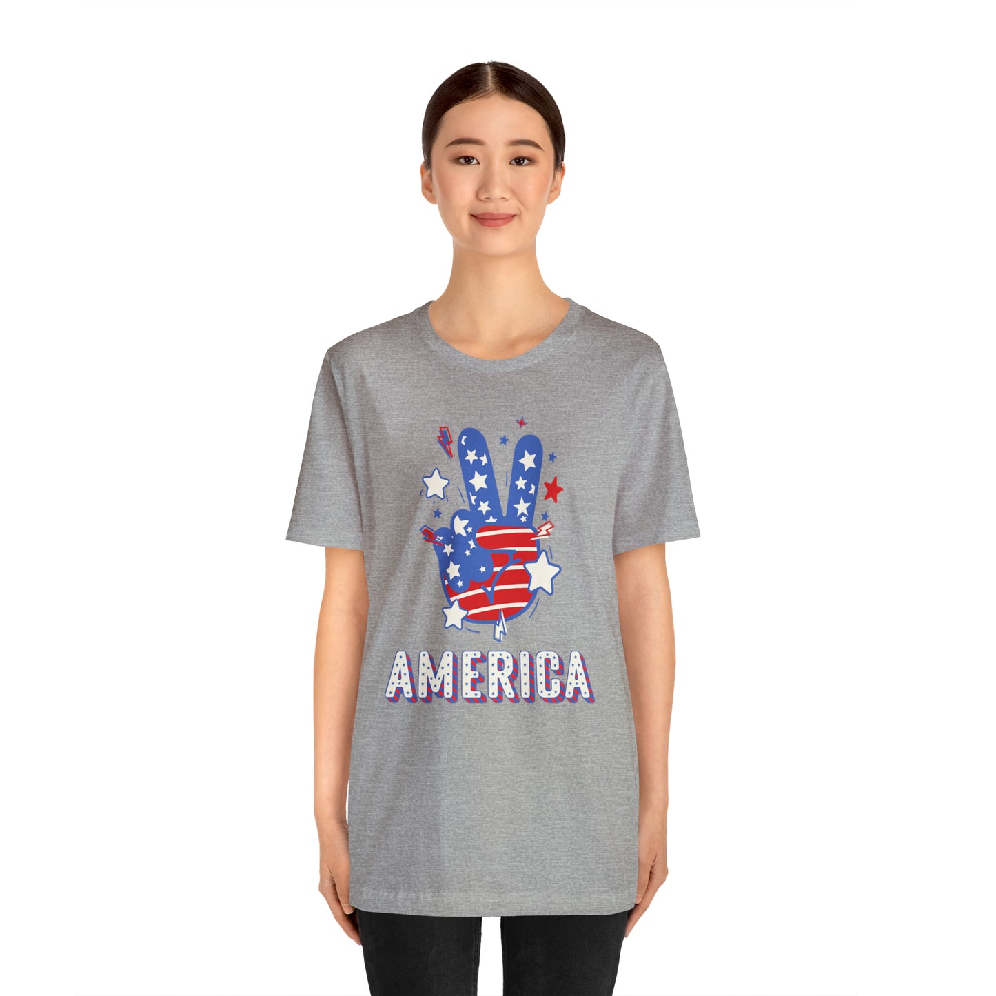 America USA Stars Peace Sign with Hands Unisex Jersey Short Sleeve Tee