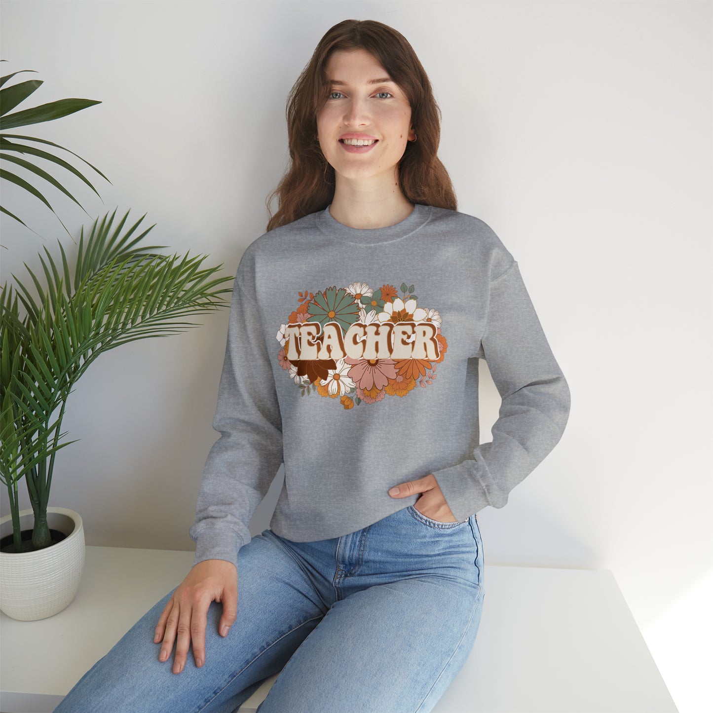 Vintage Retro Floral Teacher Warm Colors Unisex Heavy Blend™ Crewneck Sweatshirt