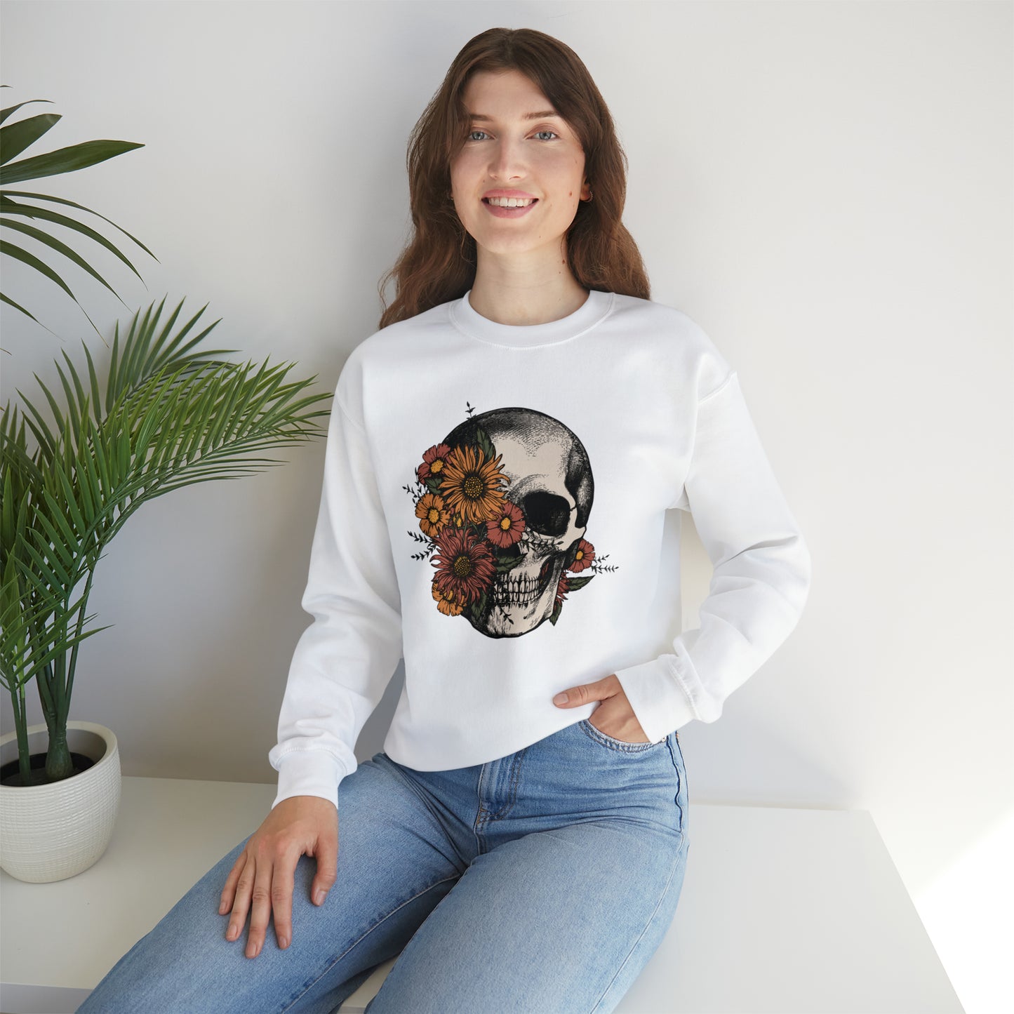 Boho Skeleton Fall Halloween Retro Warm Colored  Unisex Heavy Blend™ Crewneck Sweatshirt