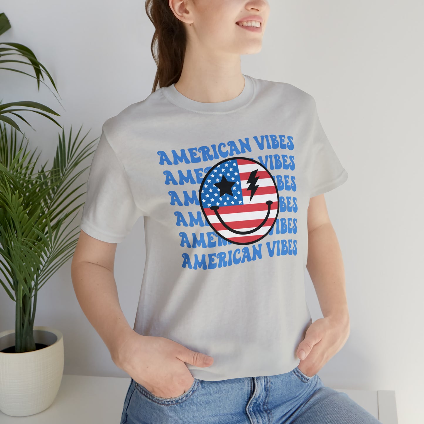 USA American Vibes American Flag Smiley Face Unisex Jersey Short Sleeve Tee