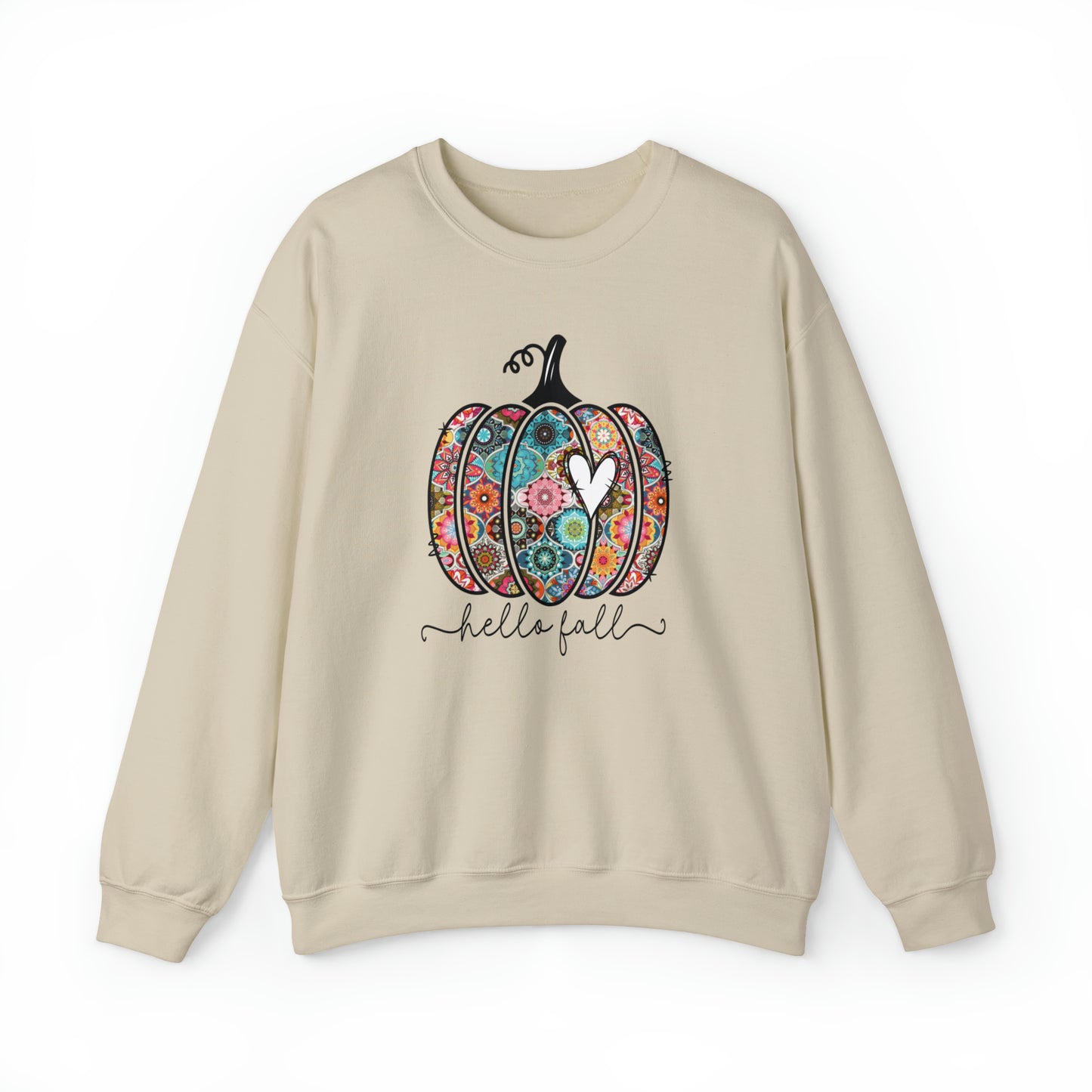 Hello Fall Print Pumpkin Fall Halloween Retro Warm Colored  Unisex Heavy Blend™ Crewneck Sweatshirt