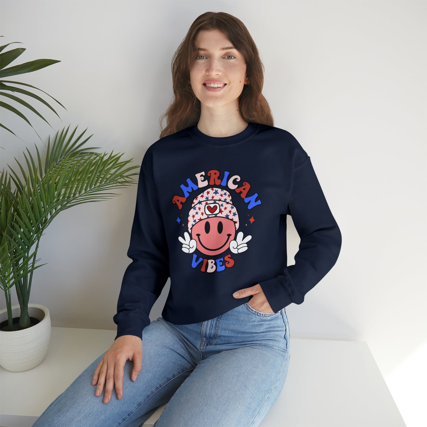 USA American Vibes Smiley Face with Heart Beanie and Peace Signs Heavy Blend™ Crewneck Sweatshirt