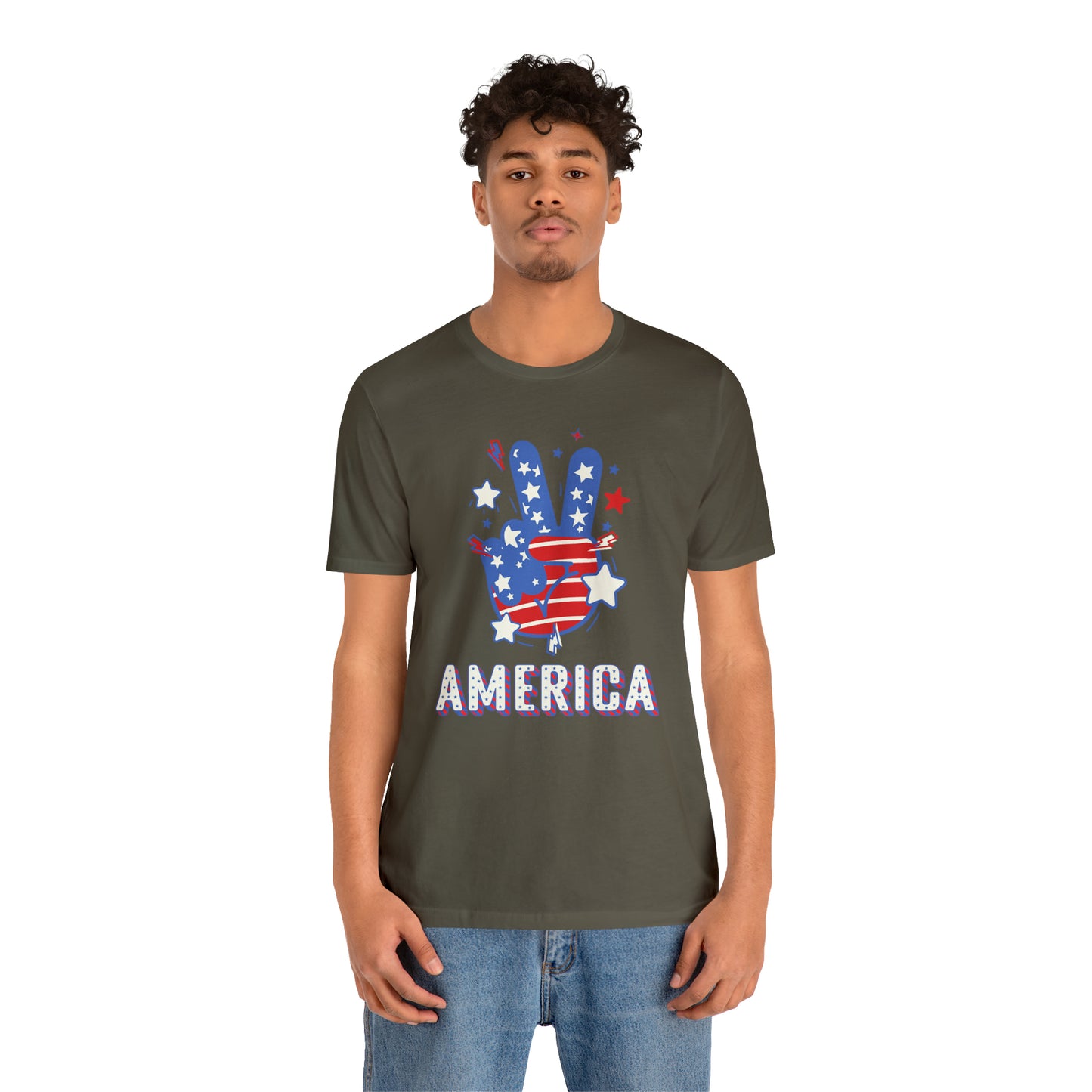 America USA Stars Peace Sign with Hands Unisex Jersey Short Sleeve Tee