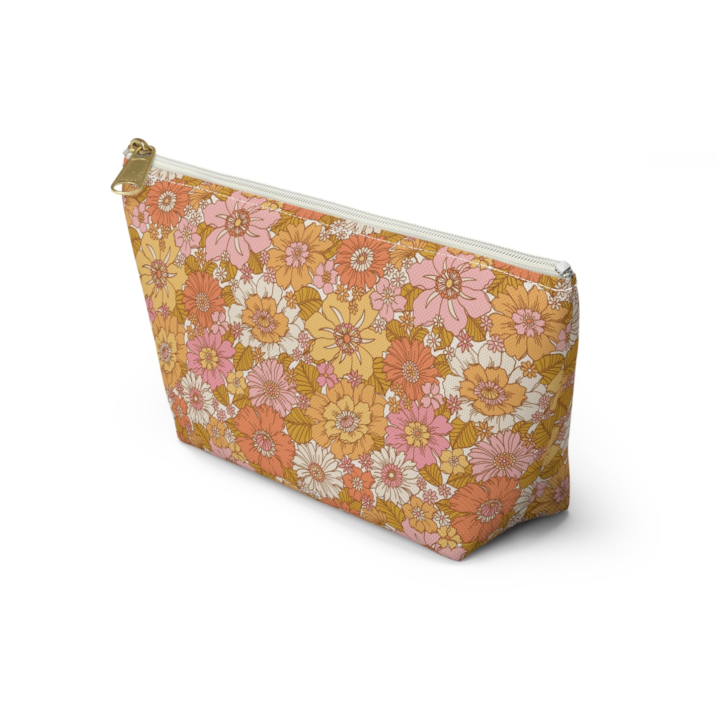 Peachy Golden Retro Floral Print Design Accessory Pouch w T-bottom