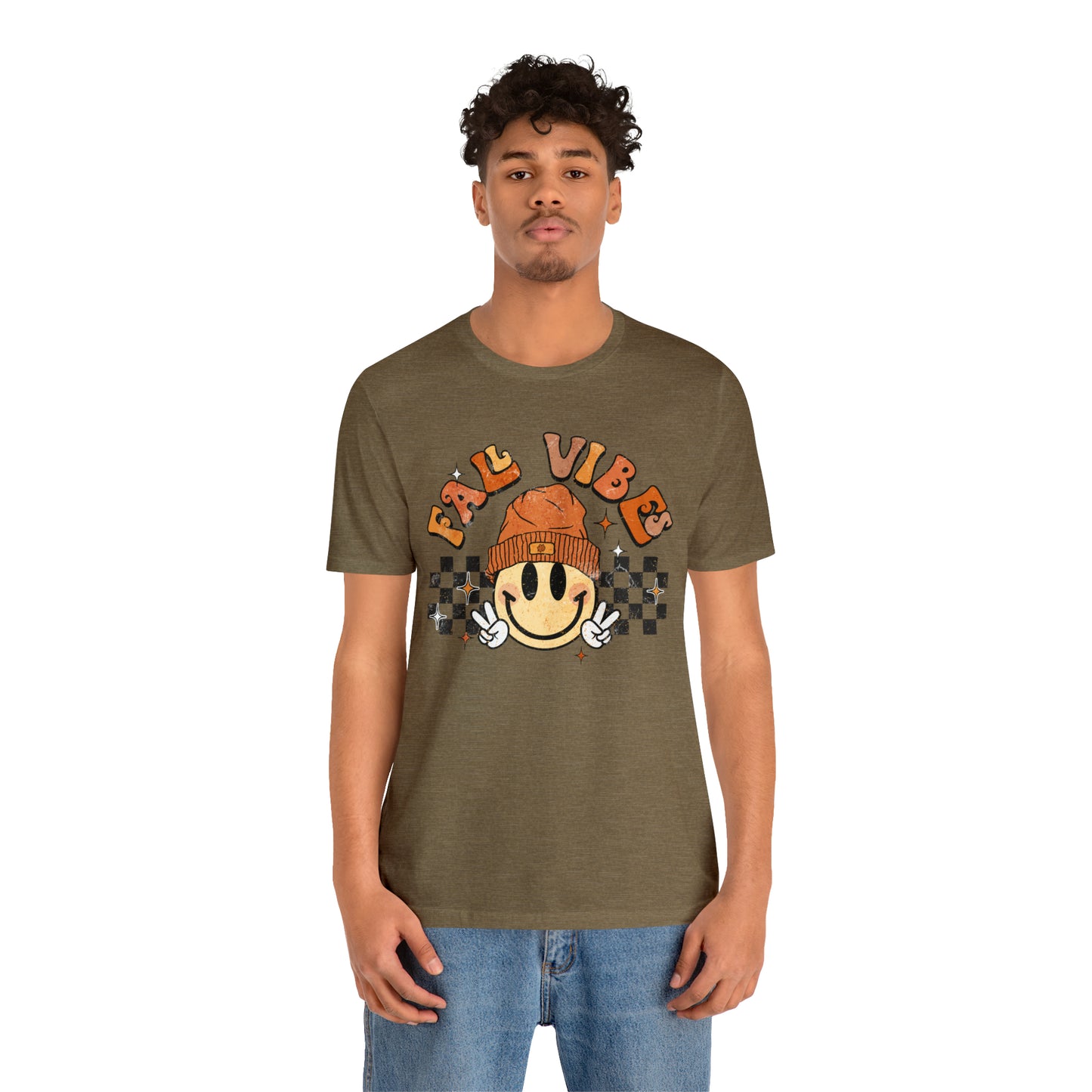 Distressed Halloween Fall Vibes Smiley Face with Beanie and Peace Sign T-Shirt