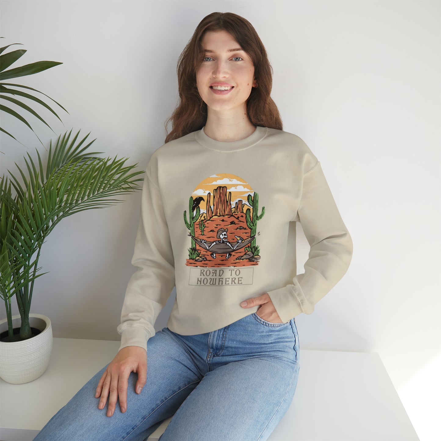 Road to Nowhere Skeleton Fall Halloween Retro Warm Colored  Unisex Heavy Blend™ Crewneck Sweatshirt