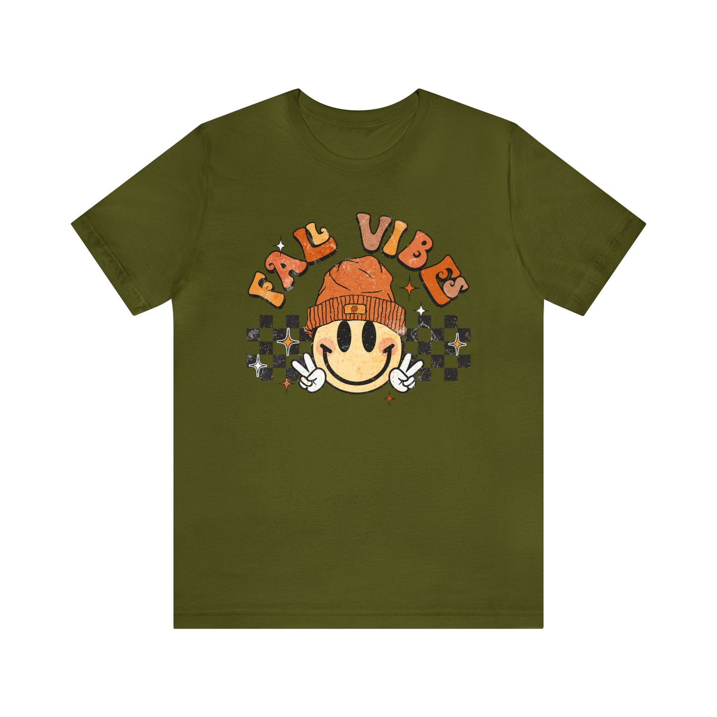 Distressed Halloween Fall Vibes Smiley Face with Beanie and Peace Sign T-Shirt