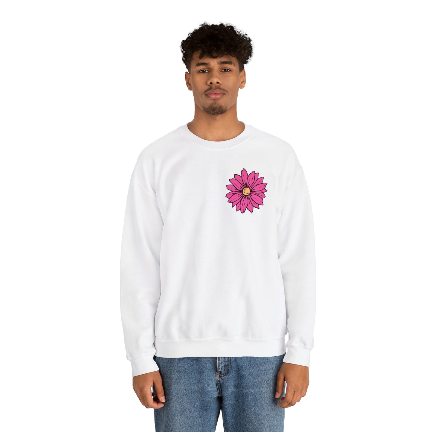 FRONT AND BACK DESIGN Positive Energy (Flower on Front and Message on Back) Font Heavy Blend™ Crewneck Sweatshirt