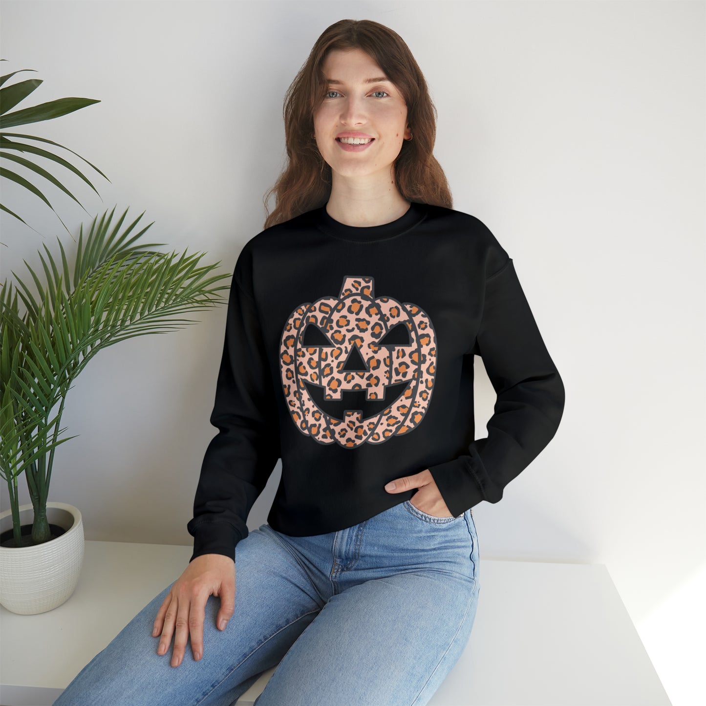 Boho Leopard Print Pumpkin Fall Halloween Retro Warm Colored  Unisex Heavy Blend™ Crewneck Sweatshirt