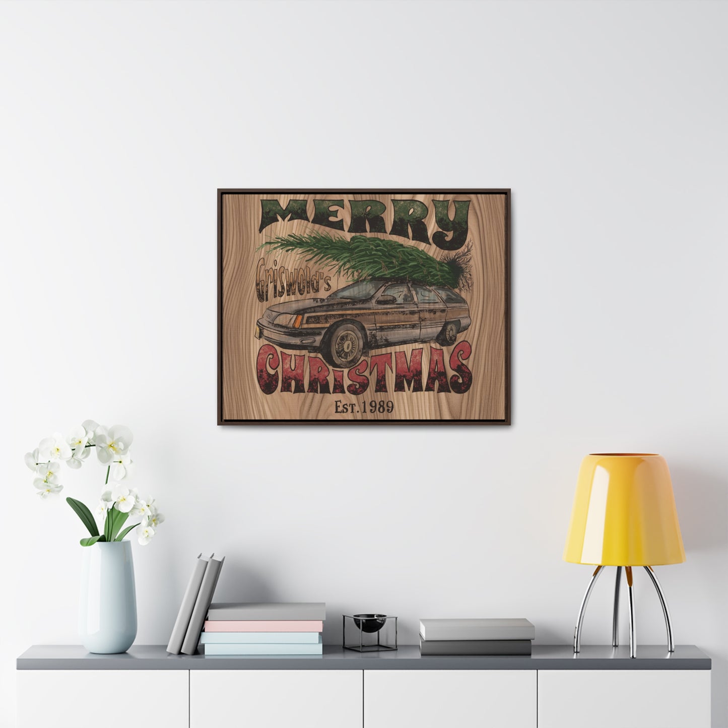 Distressed Merry Griswold Christmas Tree Station Wagon Holiday Gallery Canvas Wraps, Horizontal Frame