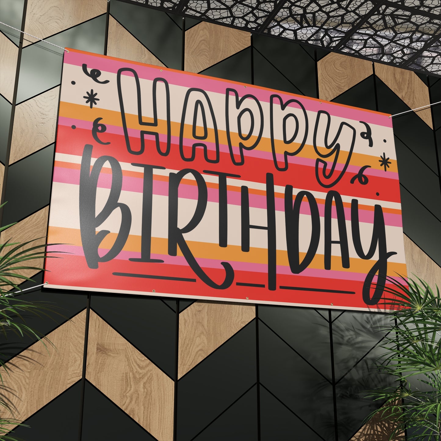 Retro Stripped Happy Birthday Matte Banner - Pink