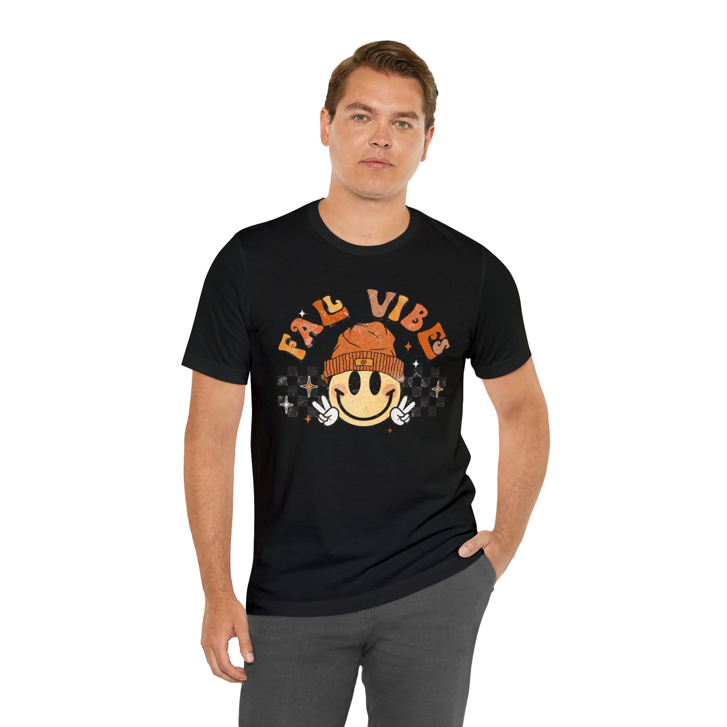 Distressed Halloween Fall Vibes Smiley Face with Beanie and Peace Sign T-Shirt