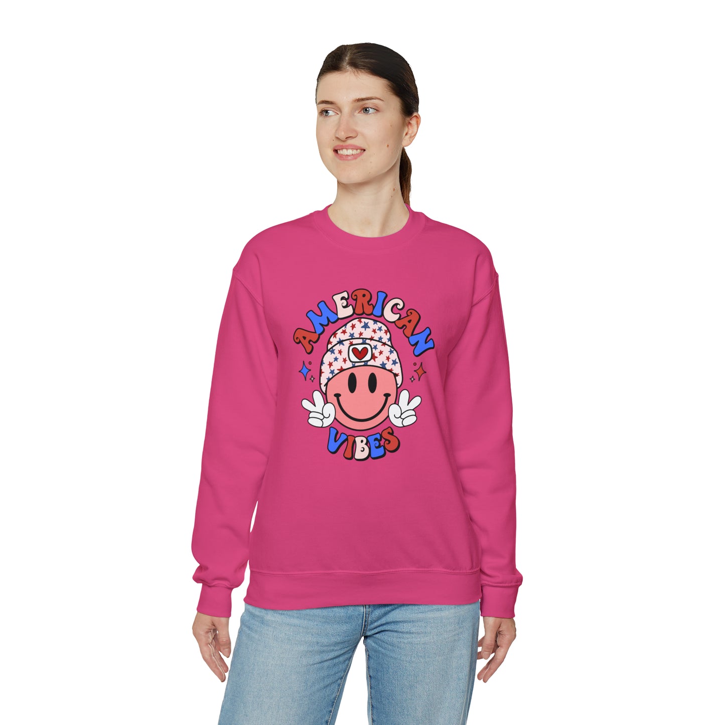 USA American Vibes Smiley Face with Heart Beanie and Peace Signs Heavy Blend™ Crewneck Sweatshirt