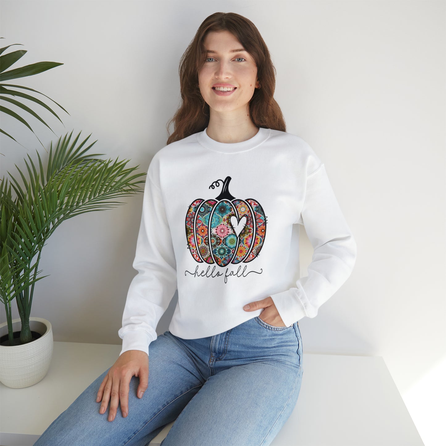 Hello Fall Print Pumpkin Fall Halloween Retro Warm Colored  Unisex Heavy Blend™ Crewneck Sweatshirt