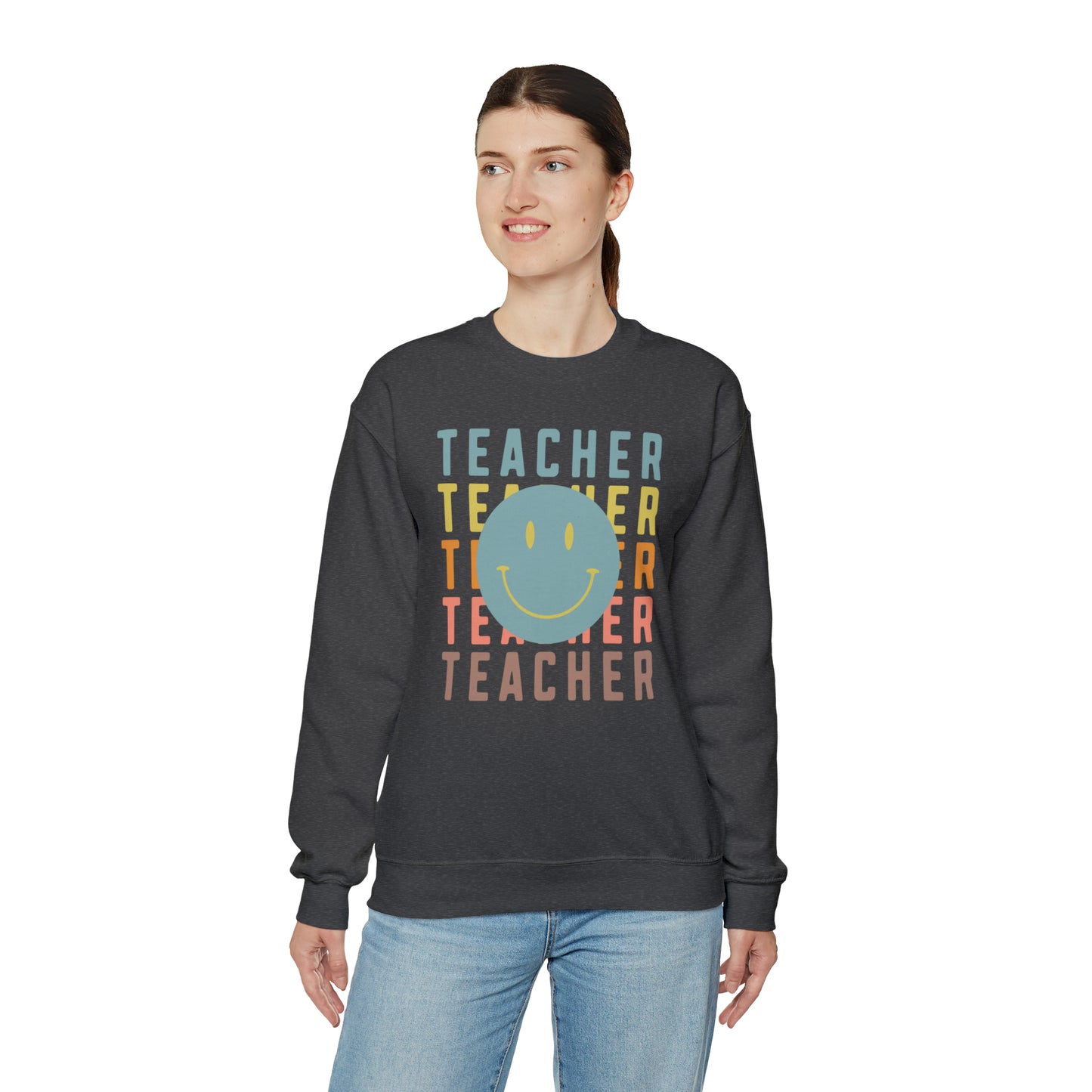 Multi Colored Teacher with Smiley Face Unisex Heavy Blend™ Crewneck Sweatshirt