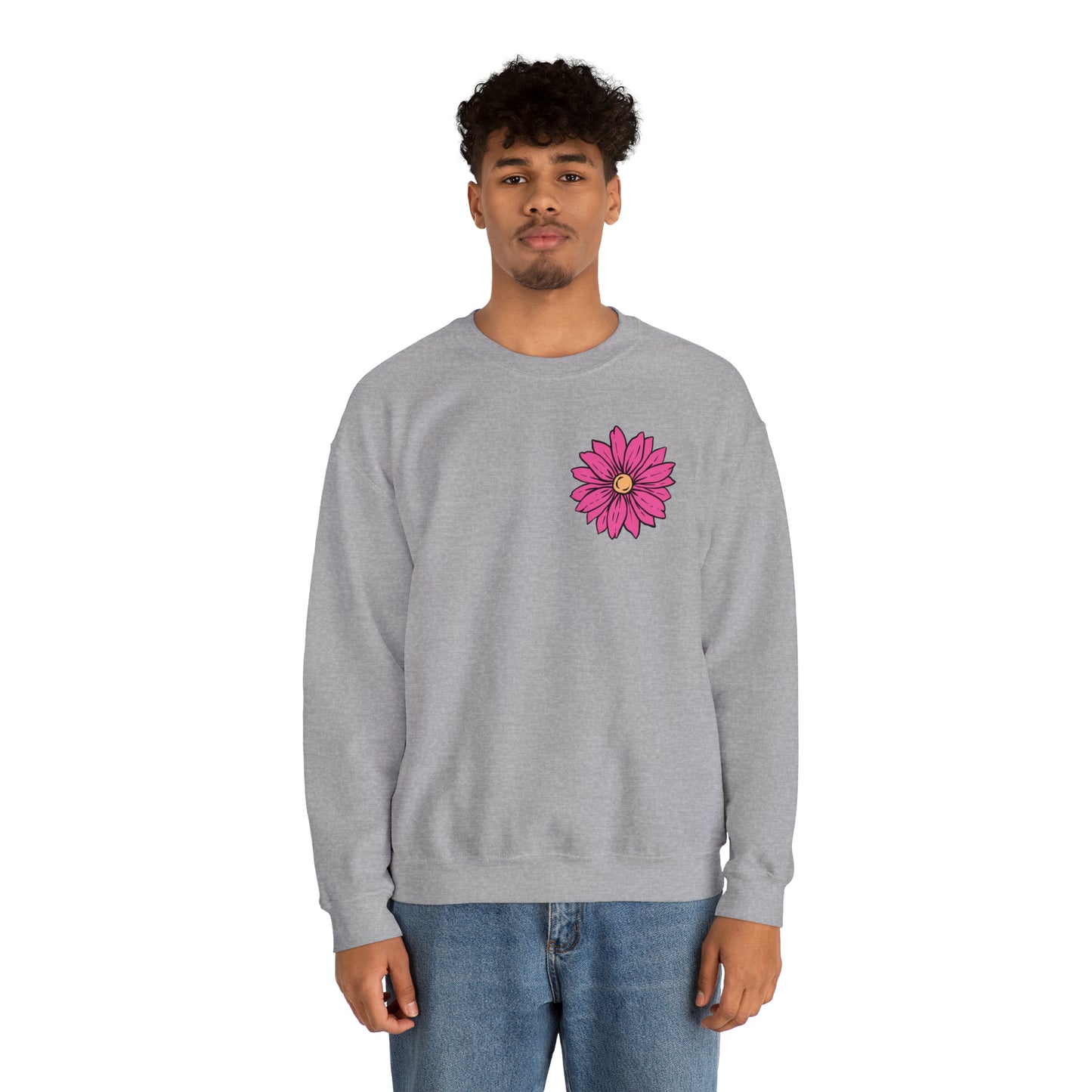 FRONT AND BACK DESIGN Positive Energy (Flower on Front and Message on Back) Font Heavy Blend™ Crewneck Sweatshirt