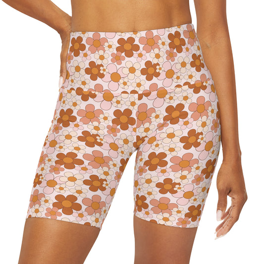 Retro Daisy Rust and Pink Floral Yoga Shorts