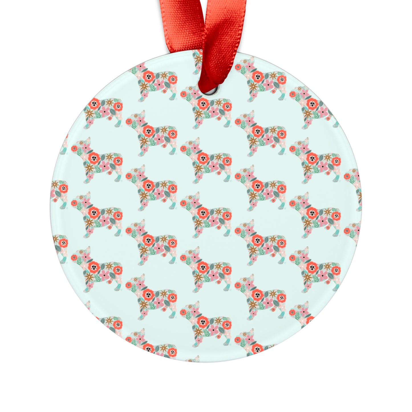 I love Floral Frenchie French Bulldog Ornament with Ribbon - light blue