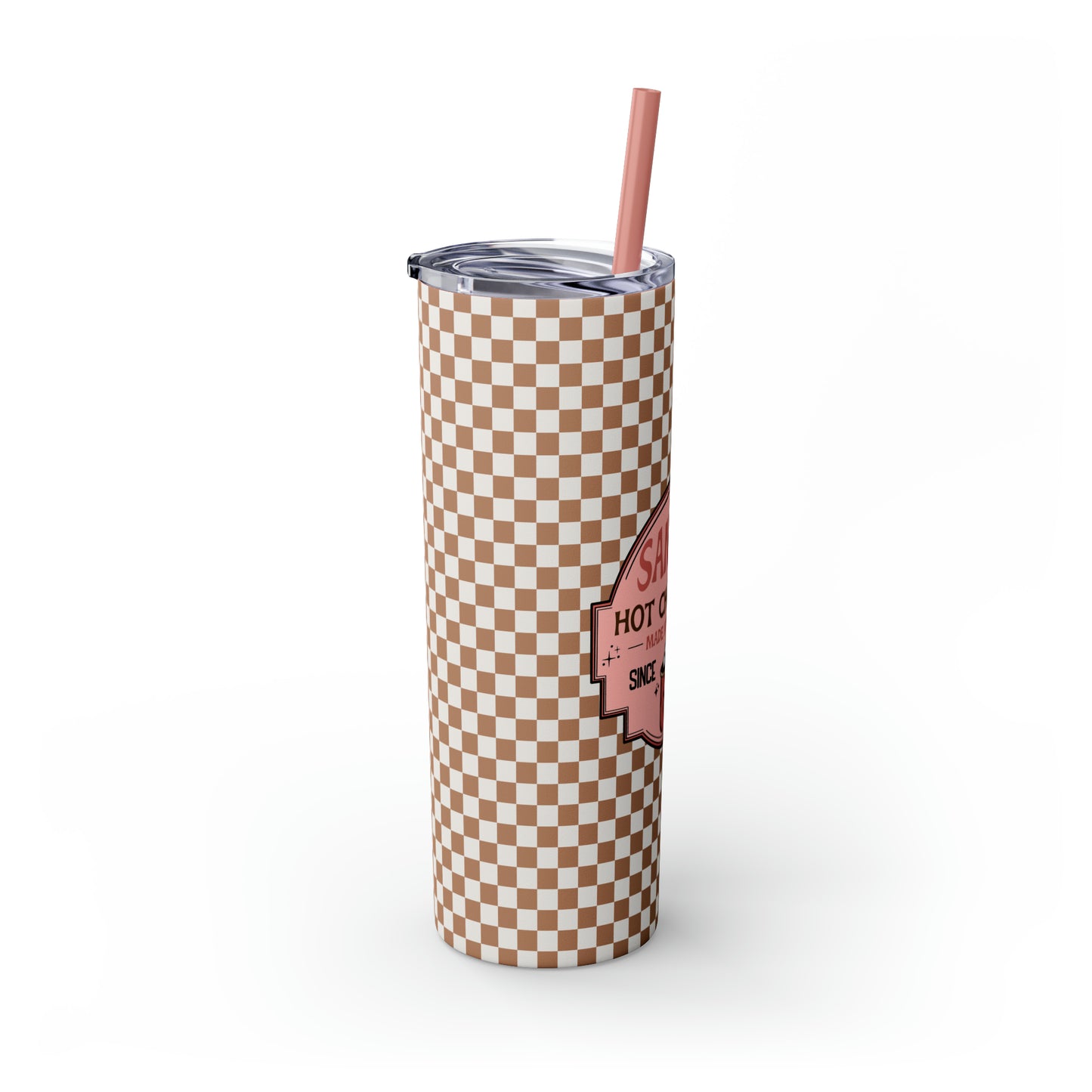 Santa's Hot Chocolate Brown Checkerboard Christmas/ Holiday Skinny Tumbler with Pick your Color Straw, 20oz