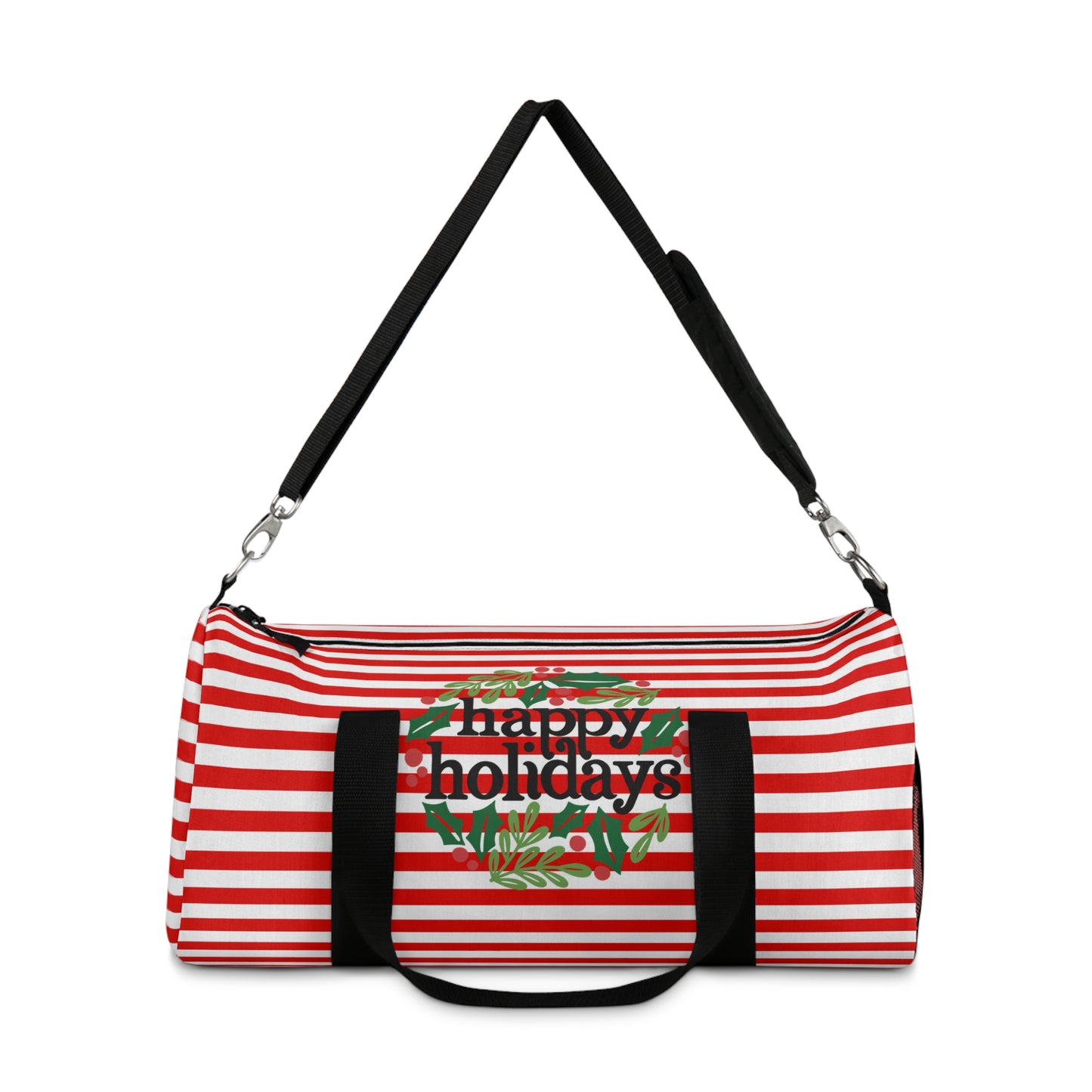 Happy Holidays Wreath Red and White Striped Christmas Duffel Bag