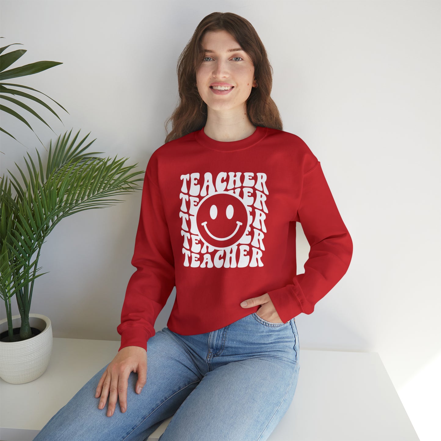 Teacher with Smiley Face White Logo Unisex Heavy Blend™ Crewneck Sweatshirt