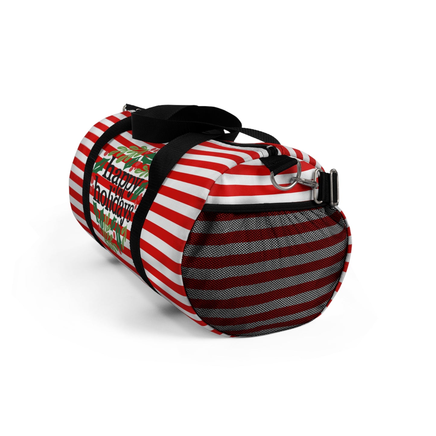 Happy Holidays Wreath Red and White Striped Christmas Duffel Bag