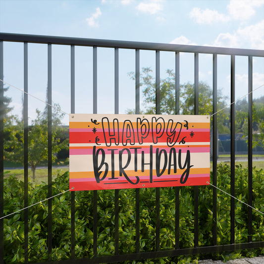 Retro Stripped Happy Birthday Matte Banner - Pink