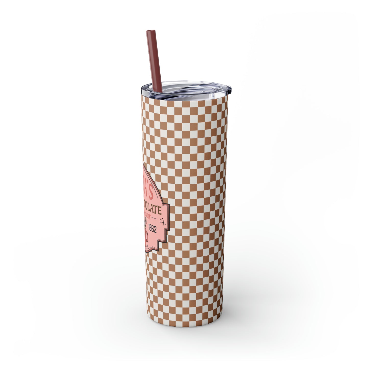 Santa's Hot Chocolate Brown Checkerboard Christmas/ Holiday Skinny Tumbler with Pick your Color Straw, 20oz