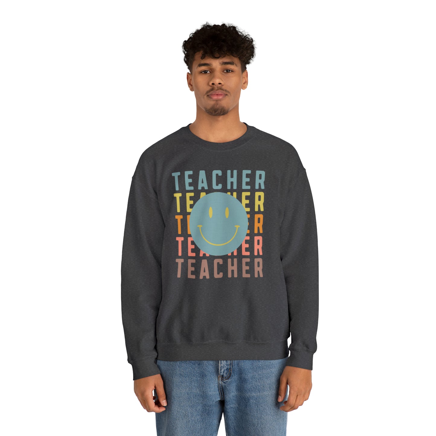 Multi Colored Teacher with Smiley Face Unisex Heavy Blend™ Crewneck Sweatshirt