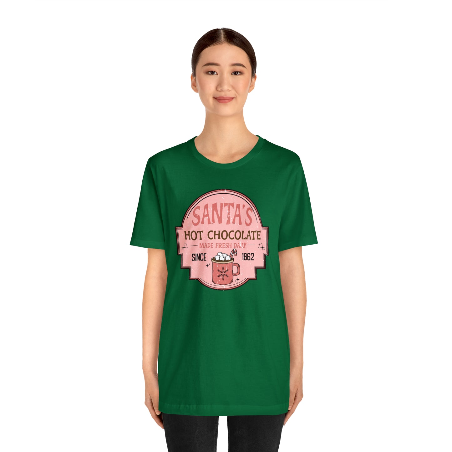 Santa's Hot Chocolate Pink Christmas/ Holiday Bella Jersey Short Sleeve Tee (Unisex)