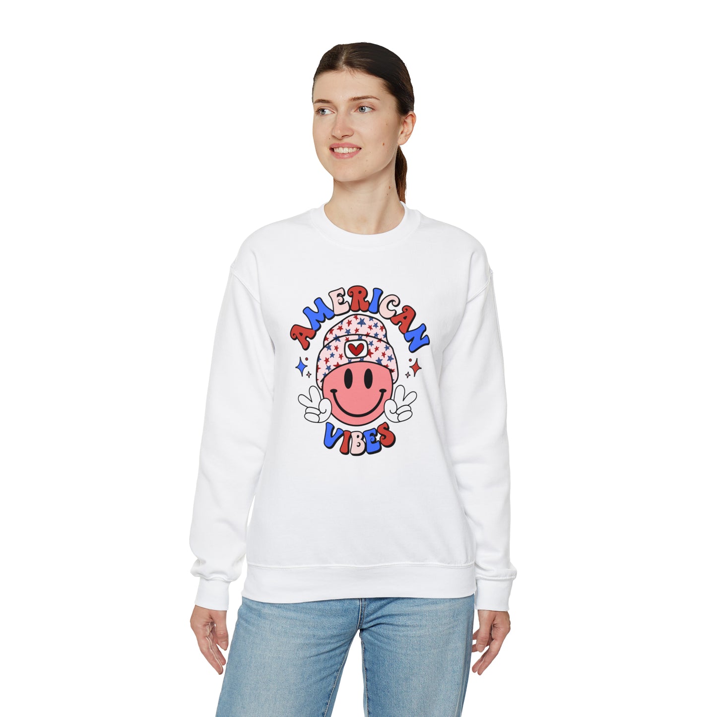 USA American Vibes Smiley Face with Heart Beanie and Peace Signs Heavy Blend™ Crewneck Sweatshirt