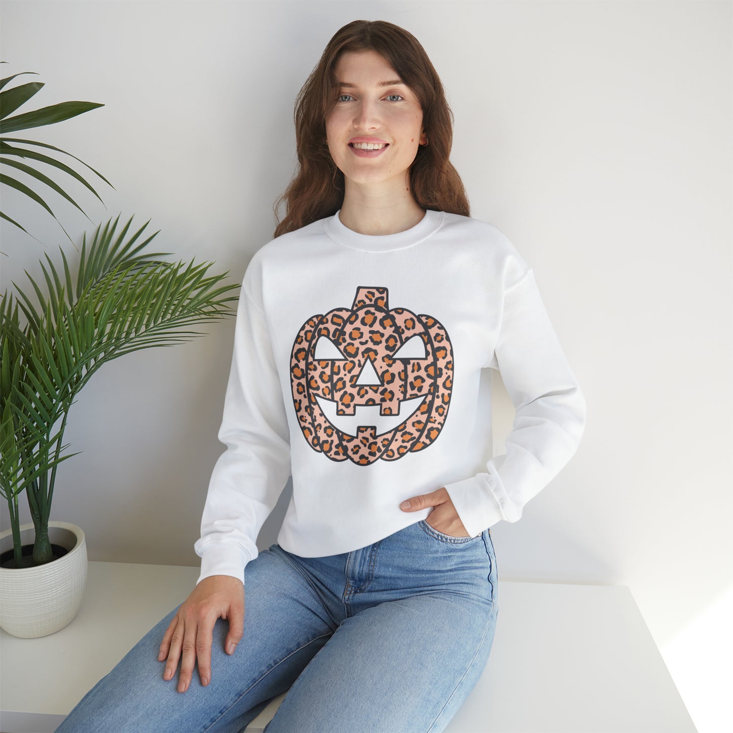 Boho Leopard Print Pumpkin Fall Halloween Retro Warm Colored  Unisex Heavy Blend™ Crewneck Sweatshirt