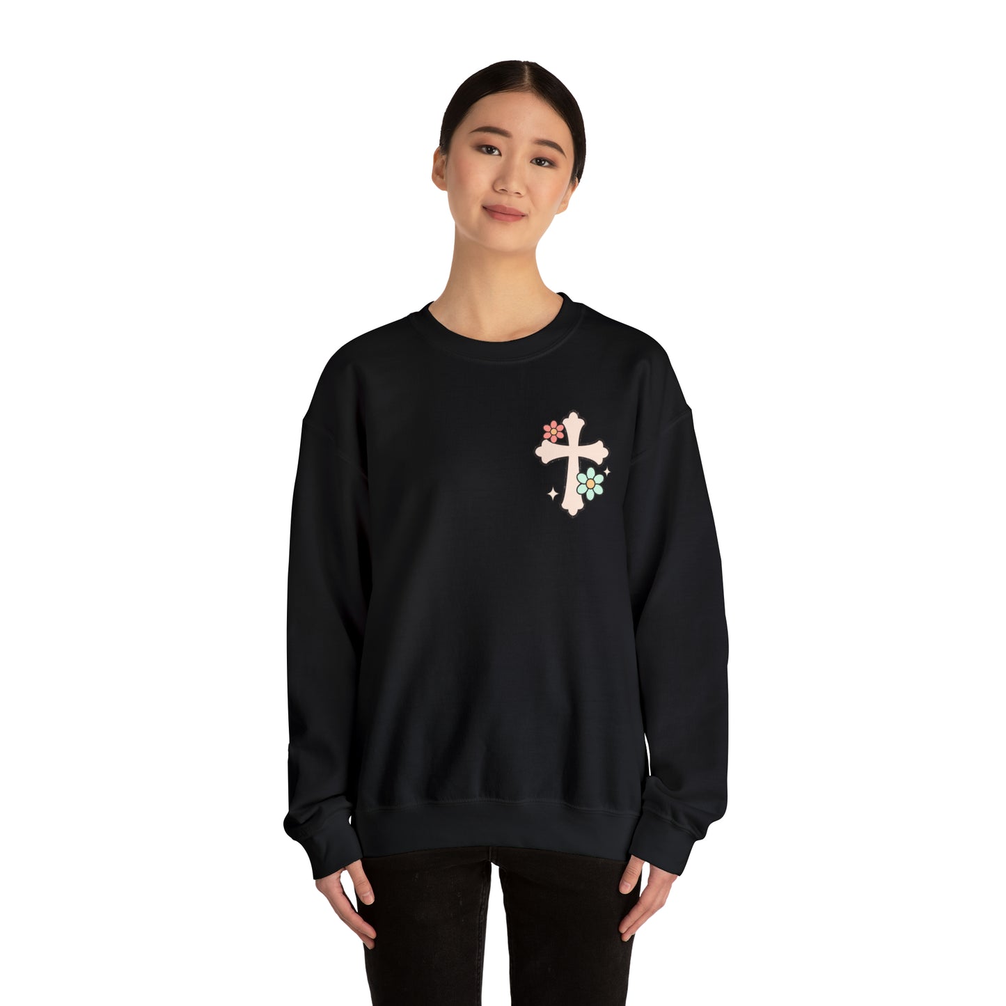 Vintage Grow in Grace with Cross Boho Color Print -  Front and Back Design Heavy Blend™ Crewneck Sweatshirt