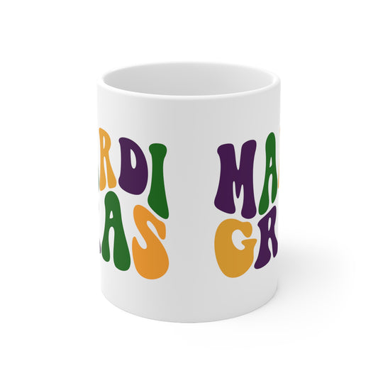 Mardi Gras Wave Font Ceramic Mug 11oz - White