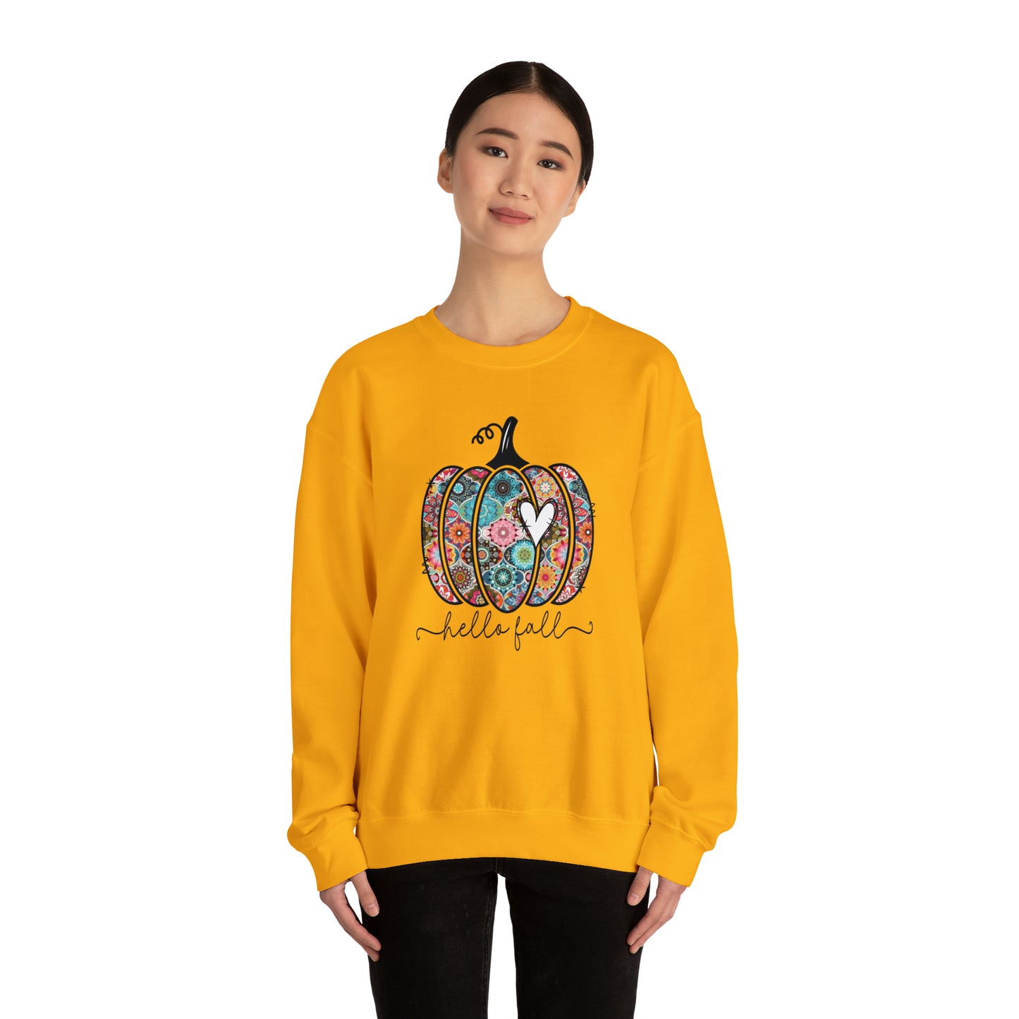 Hello Fall Print Pumpkin Fall Halloween Retro Warm Colored  Unisex Heavy Blend™ Crewneck Sweatshirt