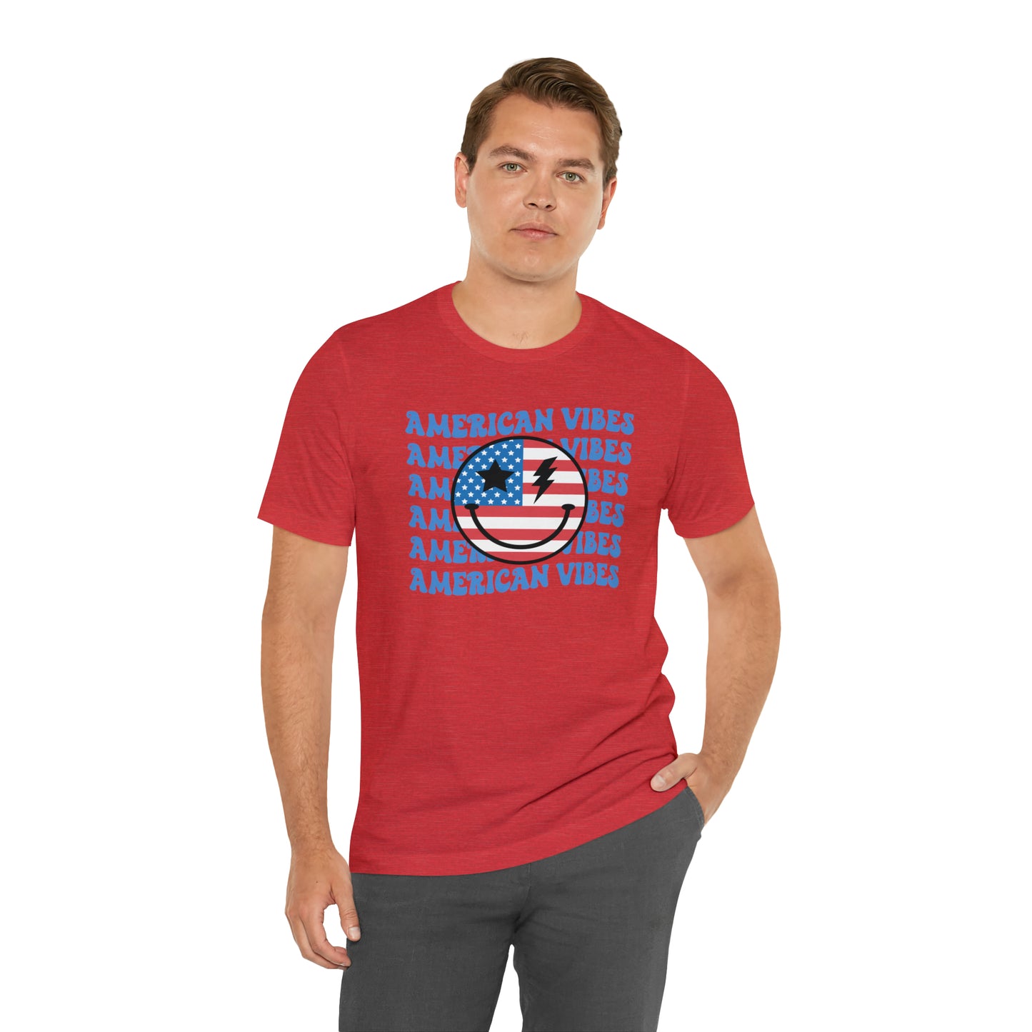 USA American Vibes American Flag Smiley Face Unisex Jersey Short Sleeve Tee