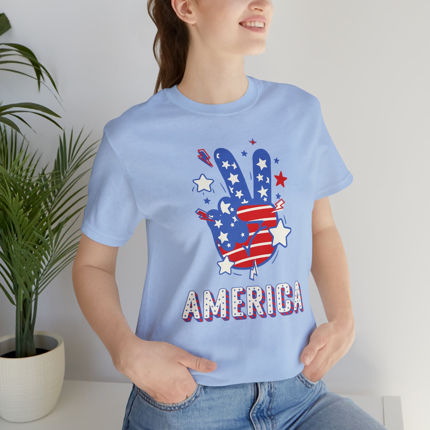 America USA Stars Peace Sign with Hands Unisex Jersey Short Sleeve Tee