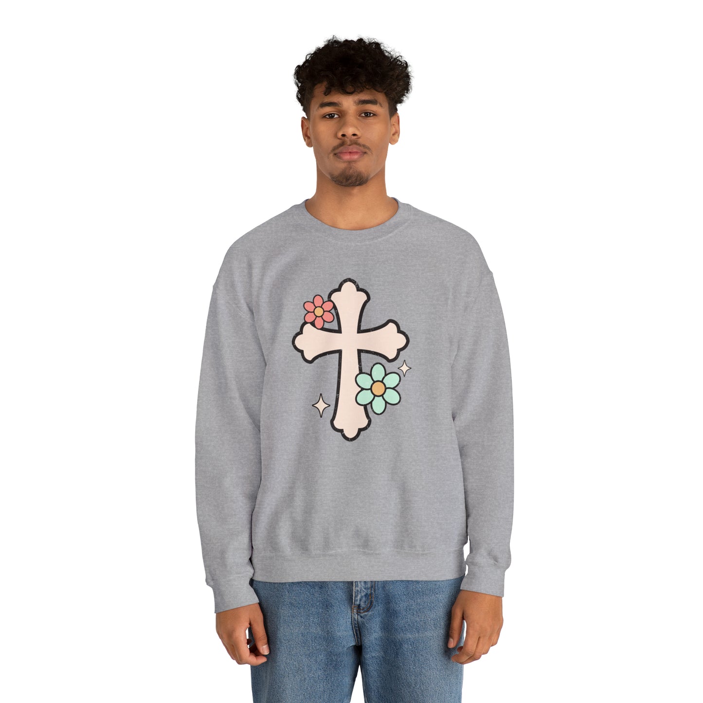 Vintage Floral Cross Design Heavy Blend™ Crewneck Sweatshirt