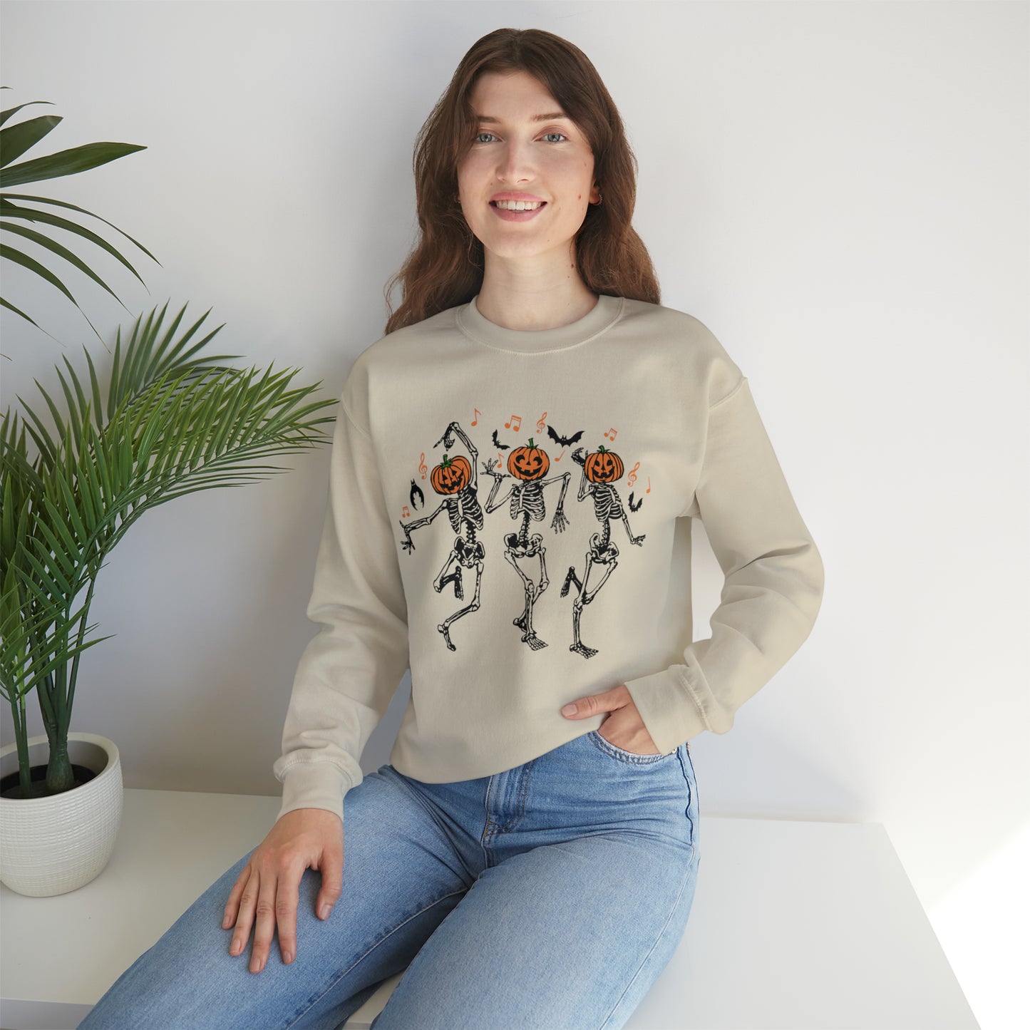 Dancing Skeletons Fall Halloween Retro Warm Colored  Unisex Heavy Blend™ Crewneck Sweatshirt