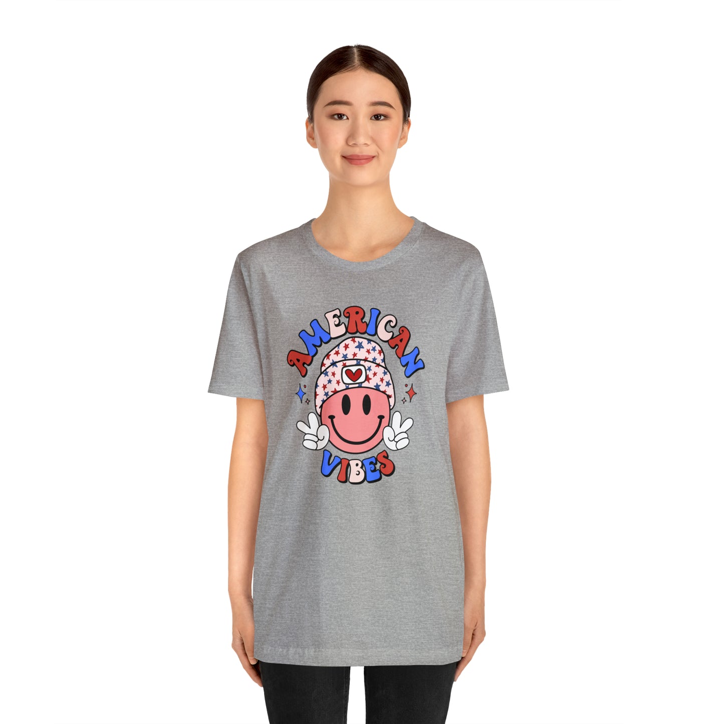 American Vibes USA Smiley Face with Stars Beanie with two hand peace signs Unisex Jersey Short Sleeve Tee