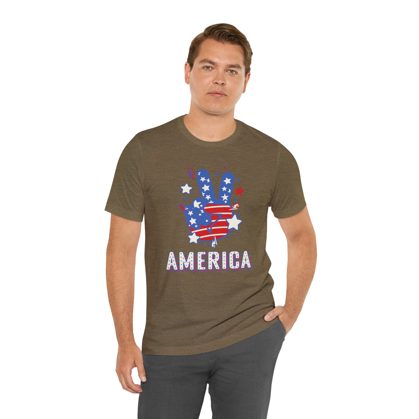 America USA Stars Peace Sign with Hands Unisex Jersey Short Sleeve Tee