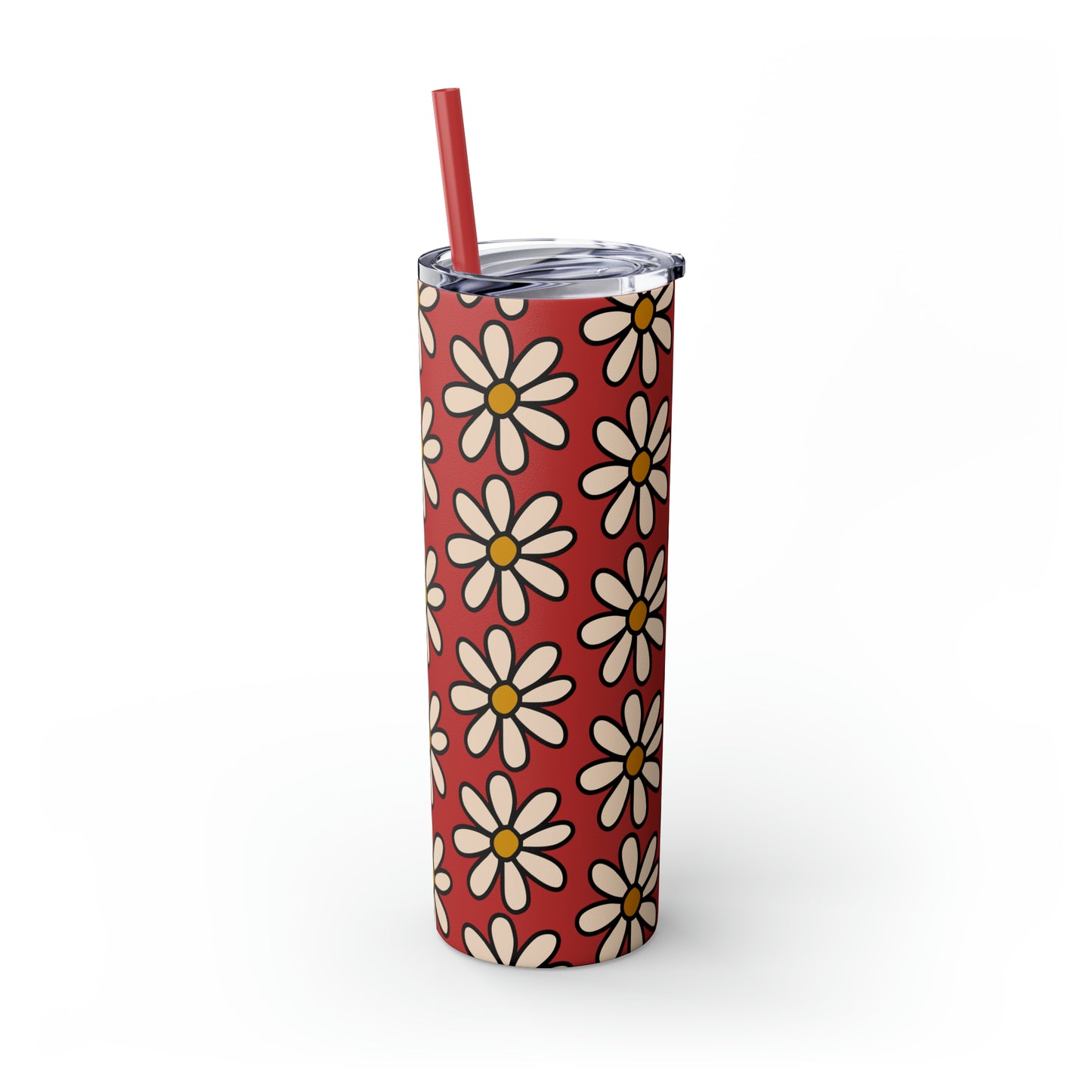 Peach Daisy Print Skinny Tumbler with Straw, 20oz