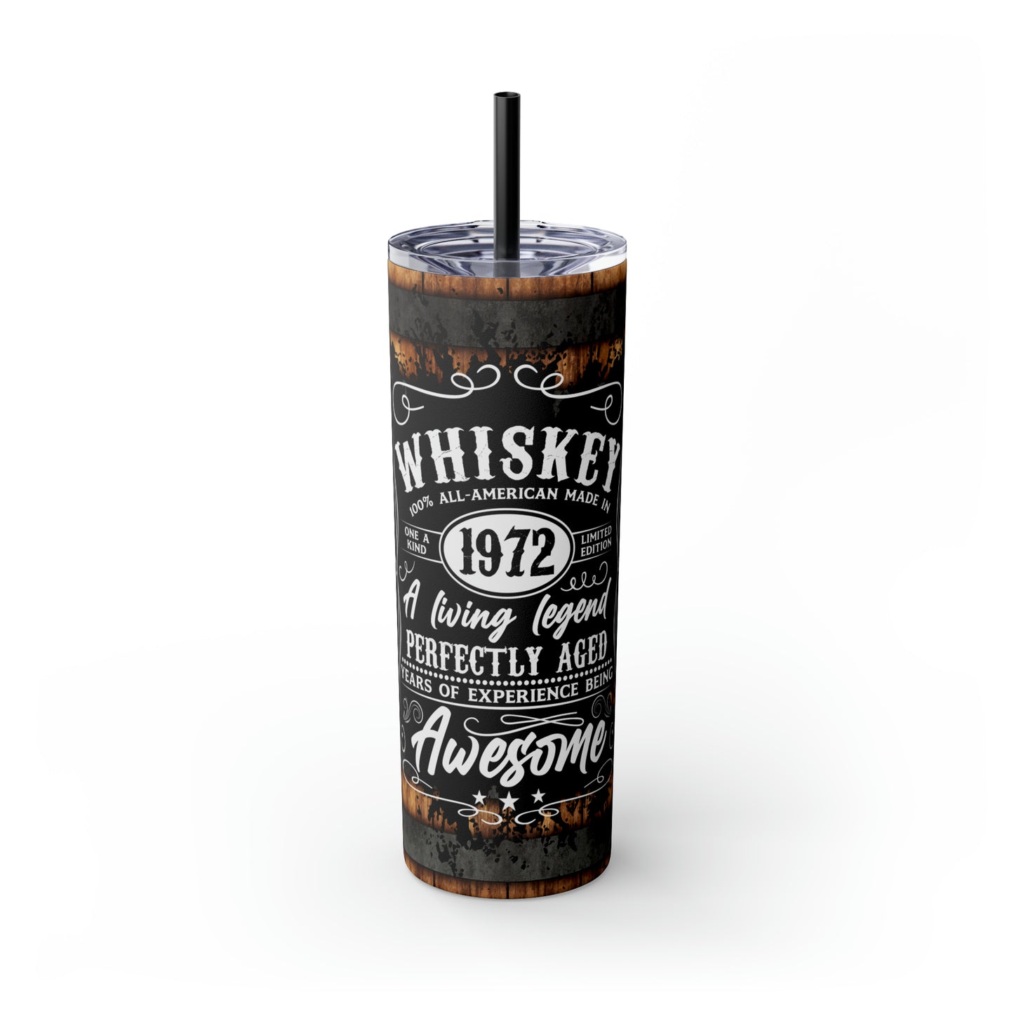 Rustic Barrel Whiskey Themed Skinny Tumbler with Straw, 20oz