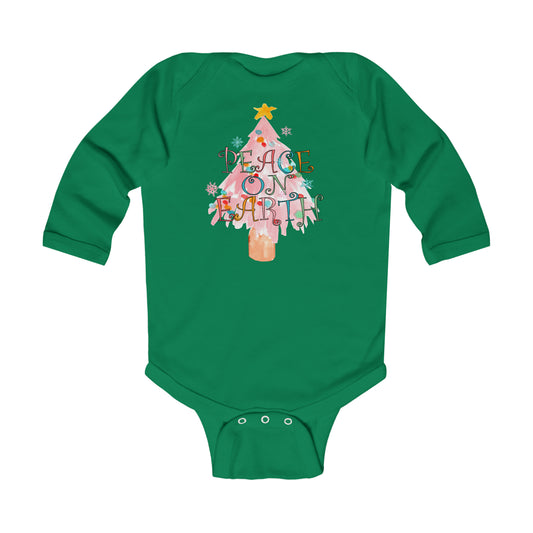 Peace on Earth Pink Christmas Tree/ Holiday Infant Long Sleeve Bodysuit