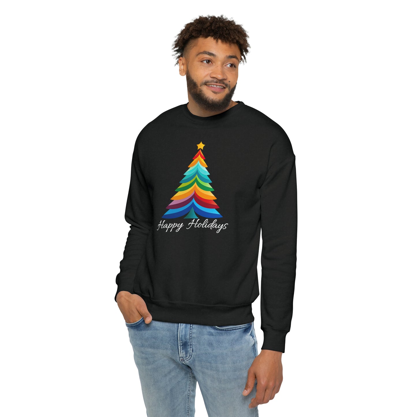 Happy Holidays Layered Rainbow Christmas Tree Unisex Drop Shoulder Bella Sweatshirt