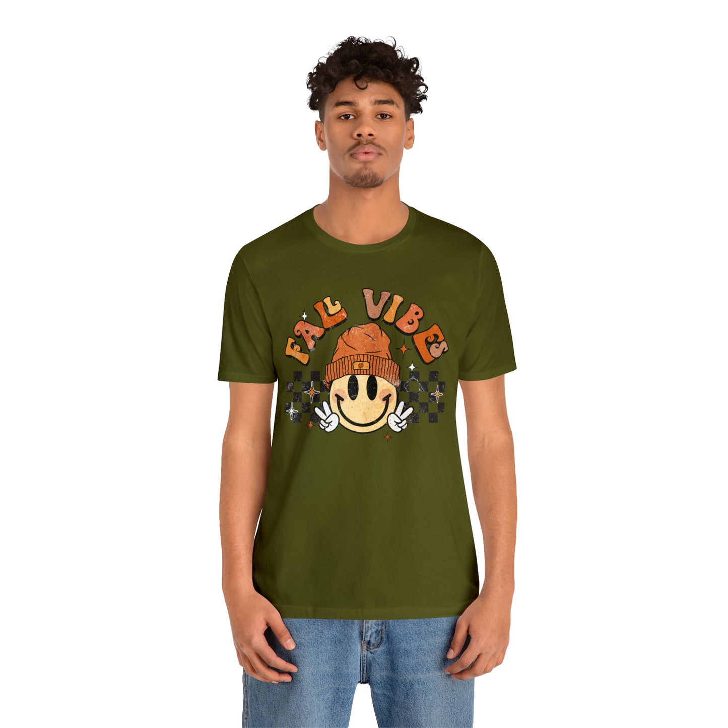 Distressed Halloween Fall Vibes Smiley Face with Beanie and Peace Sign T-Shirt