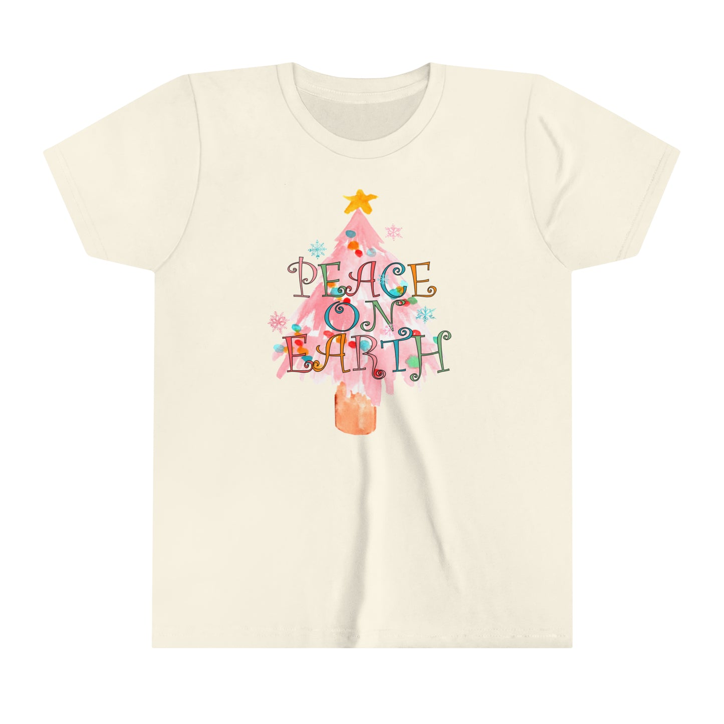 YOUTH - Peace on Earth Pink Christmas Tree/ Holiday Youth Short Sleeve Tee