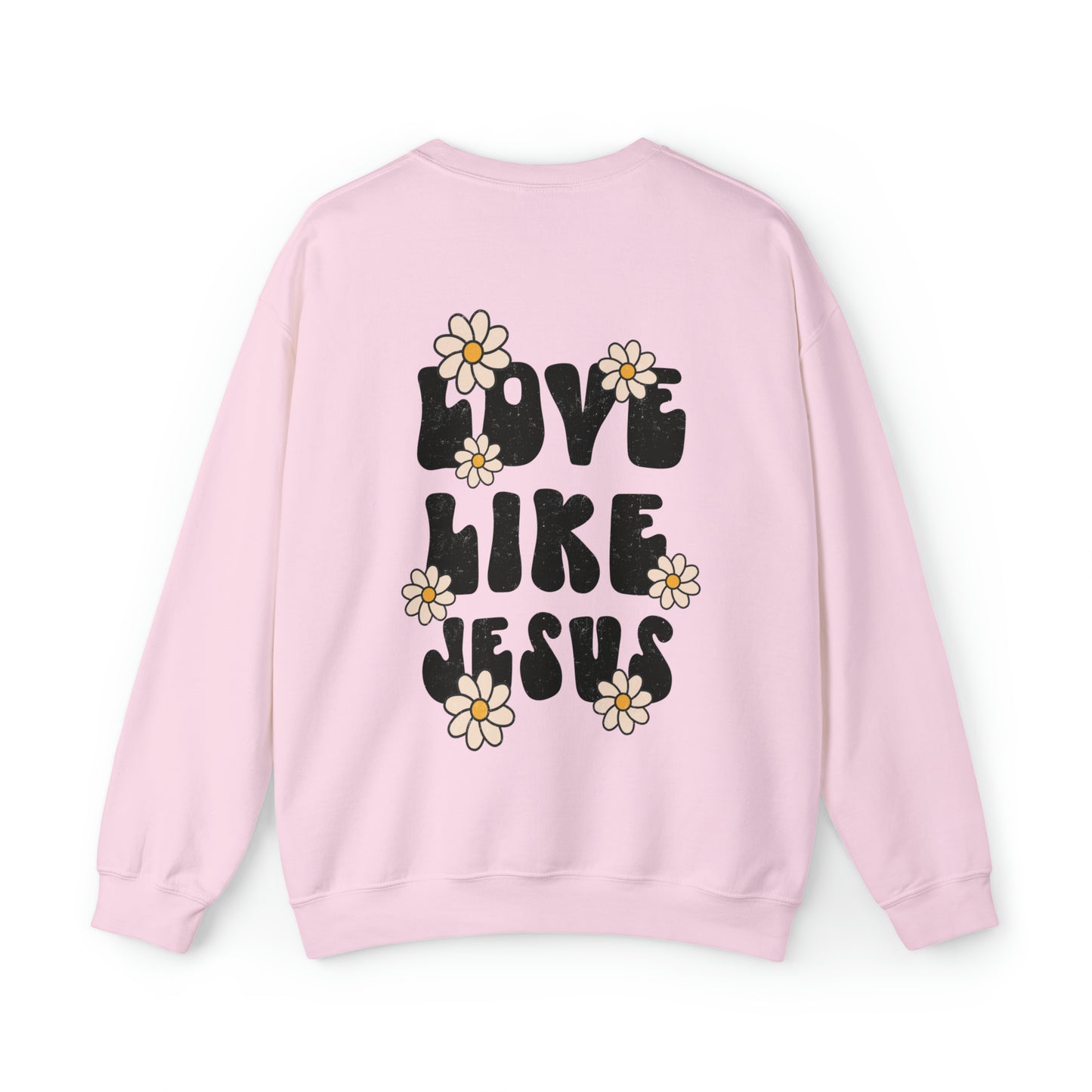 Distressed Daisy Love Like Jesus -  Front and Back Design Heavy Blend™ Crewneck Sweatshirt