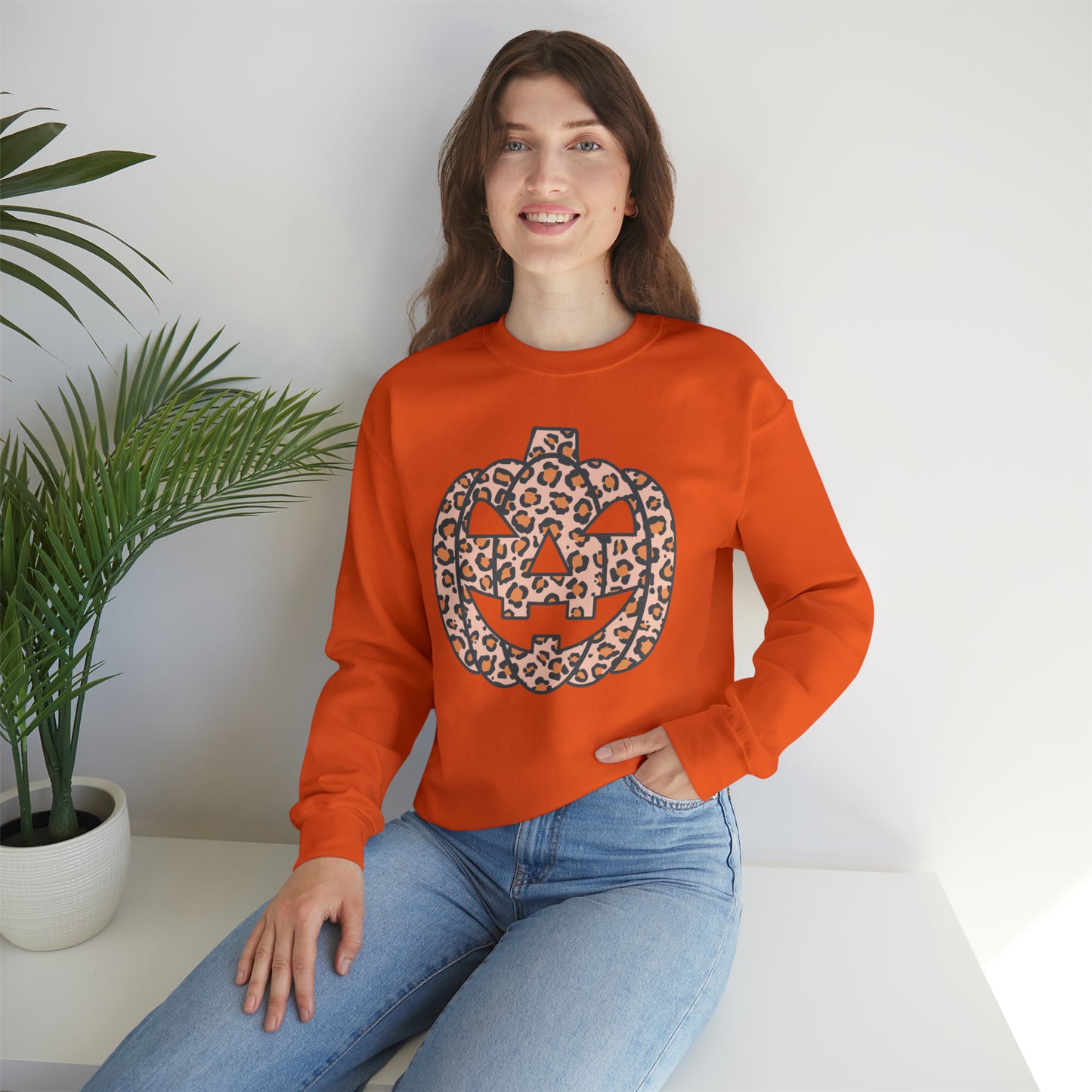 Boho Leopard Print Pumpkin Fall Halloween Retro Warm Colored  Unisex Heavy Blend™ Crewneck Sweatshirt