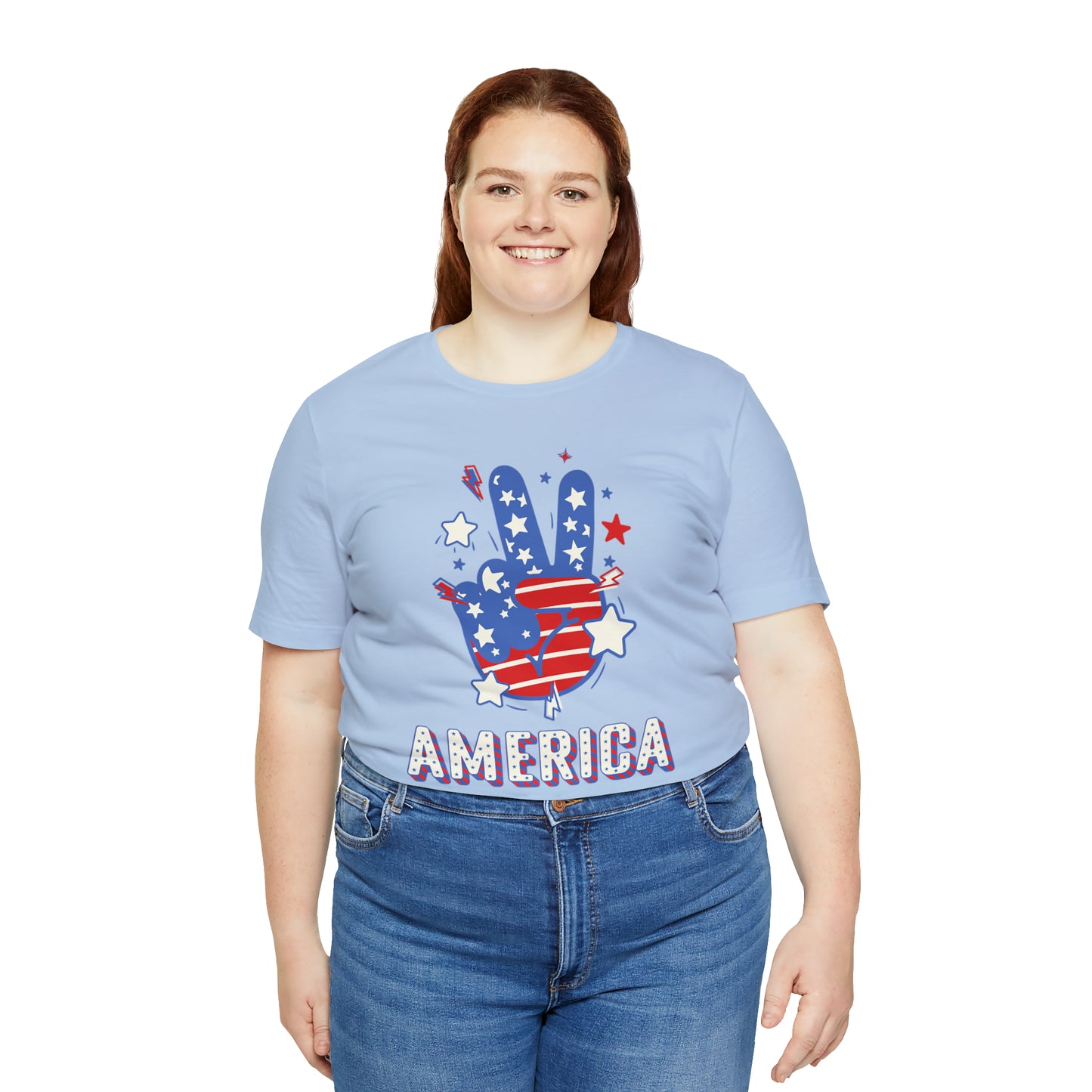 America USA Stars Peace Sign with Hands Unisex Jersey Short Sleeve Tee